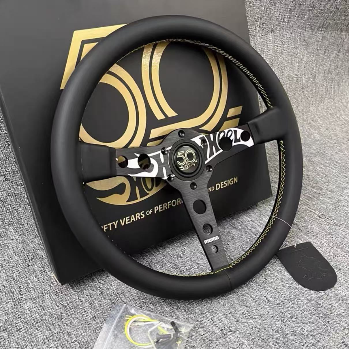 New MOMO 50th Anniversary Genuine Leather Car Modified Racing Steering Wheel 14inch Matte Leather Universal Quick-Release Steering Wheel