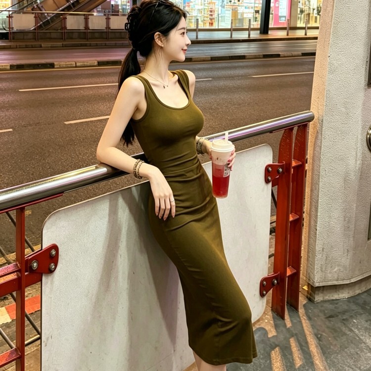 Tailand Holiday Olive Green Wide Strap Ribbed Dress Women's Summer Long Dress Slim Fit Bodycon Slip Dress Tailand Holiday Olive Green Wide Strap Ribbed Dress Women's Summer Long Dress Slim Fit Bodycon Slip Dress