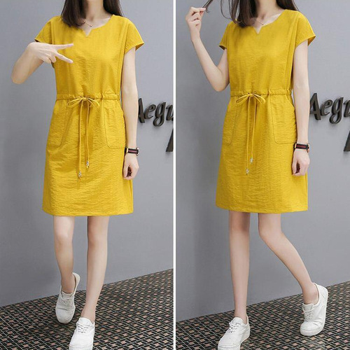 2025 Summer Plus Size Korean Style Loose T-shirt Dress with Drawstring V-neck Slimming and Beautiful Women's Dress