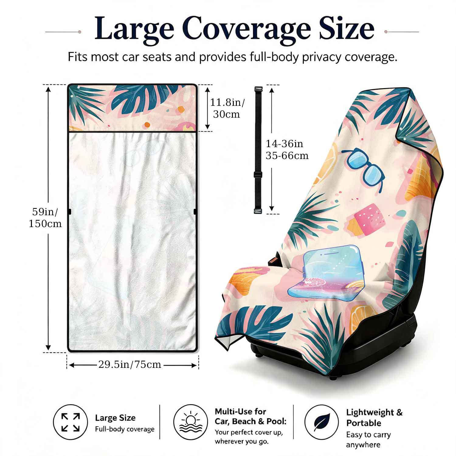 Printed bath towel and car seat cover 2-in-1, ultra-fine fiber outdoor beach and car dual-use universal seat cushion