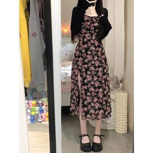 Ladies' Summer Floral Dress Set with Long Skirt and Sleeveless Open-Collared Top, Two-Piece Set with Sun Protection