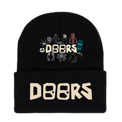 doors roblox帽子動漫針織帽黑色印花毛線帽秋冬保暖護頭