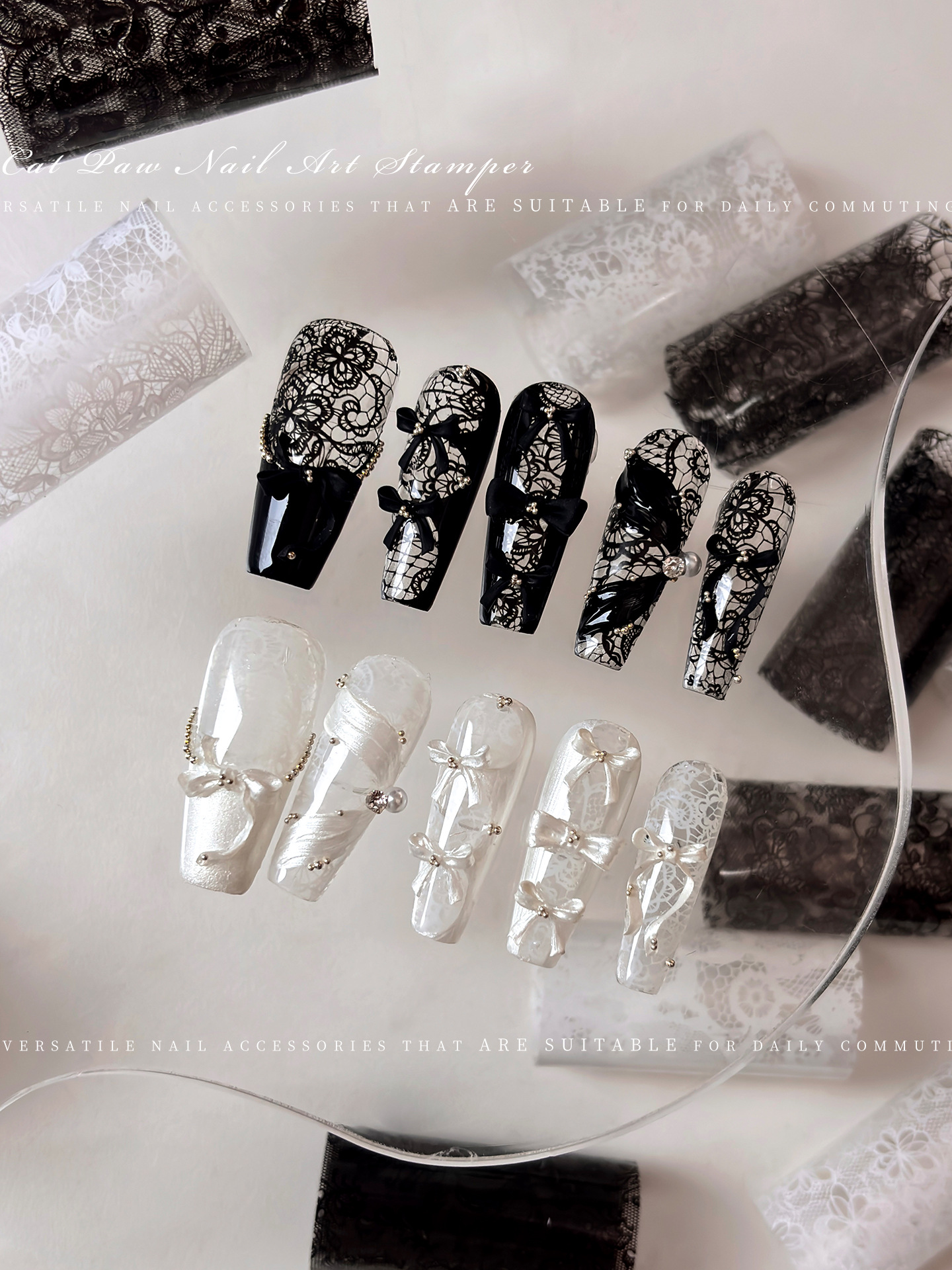 New Nail Art Lace Transfer Paper Decals, Trendy Black and White Solid Color Lace Edge Transfer Stickers, Ultra-Thin Nail Stickers