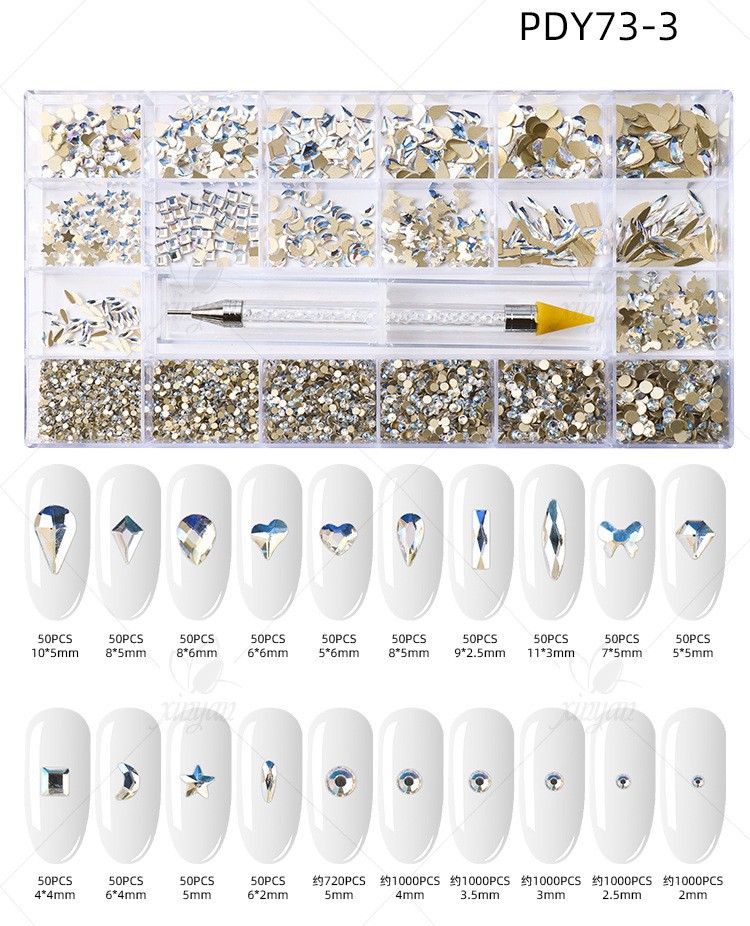 Aurora Flat-Bottomed Irregular-Shaped Rhinestones 21 Grids Nail Art Decorations Gold Base Ab Glass Rhinestones Nail Accessories Wholesale Crystal Rhinestones