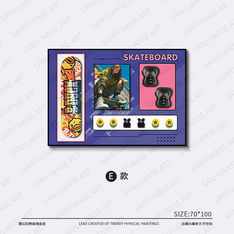 Patineta tridimensional de moda, habitación de los niños, decoración del dormitorio, habitación de los niños y las niñas, pintura creativa hecha a mano