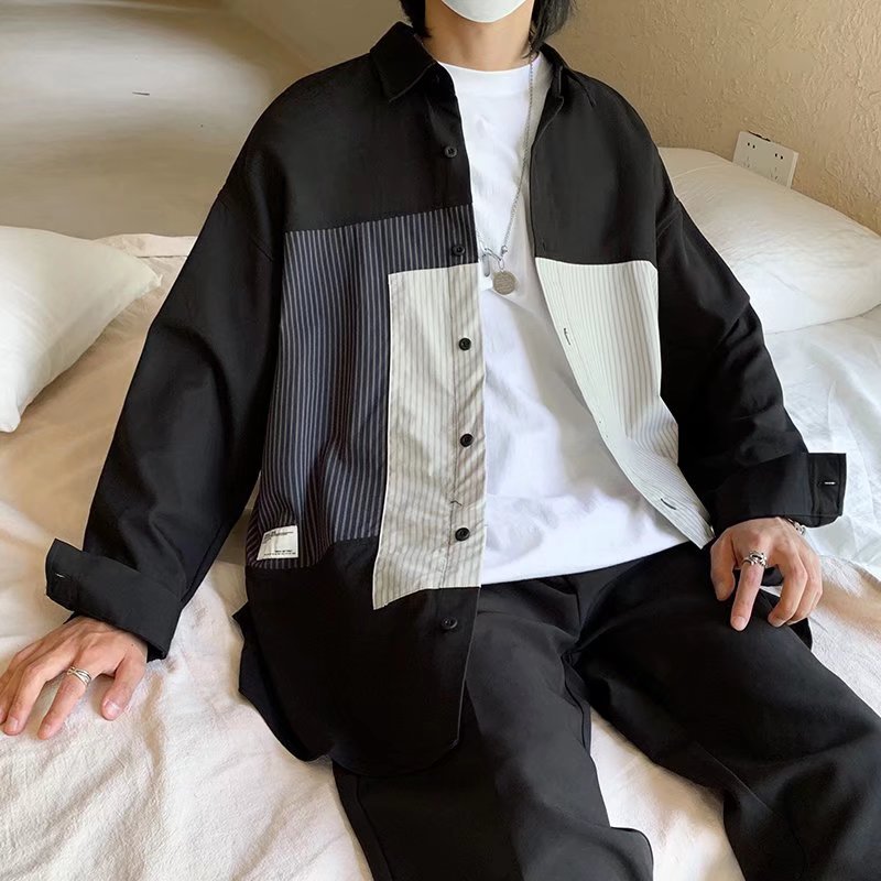 2024 marca de moda camisa de manga larga de color en contraste con costuras estadounidenses para hombres, camisa de herramientas japonesa de solapa informal suelta coreana