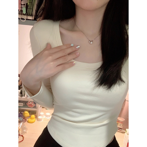 Women's Apricot Fleece Square Collar Long-Sleeve Top for Autumn/Winter Layering, Short-Sleeve Base Shirt, Slim Fit, Body-Concealing Short Top for Trendy Girls