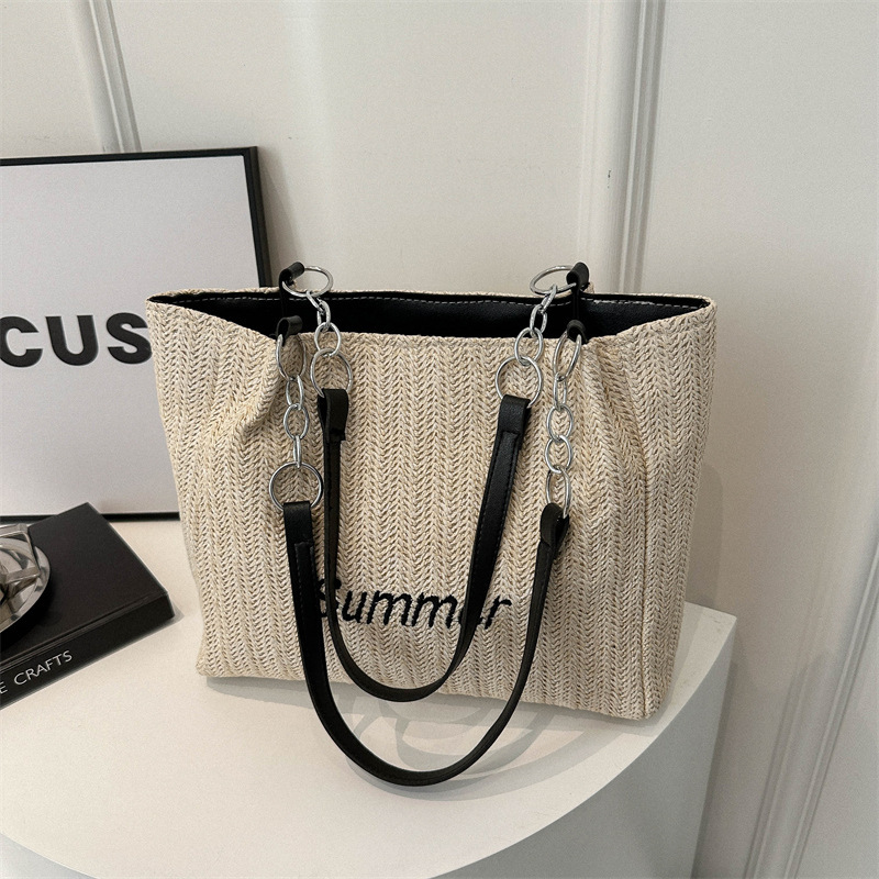 2026 New Versatile Woven Shoulder Bag, Fashionable Straw Lettered Large-Capacity Tote Bag, Commuter Handbag for Women