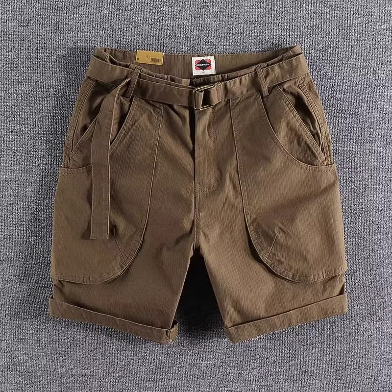 American Style Trendy Brand Cargo Shorts for Men, Summer Thin Versatile Solid Color Casual Knee-Length Shorts, Pure Cotton Multi-Pocket Mid-Length Shorts