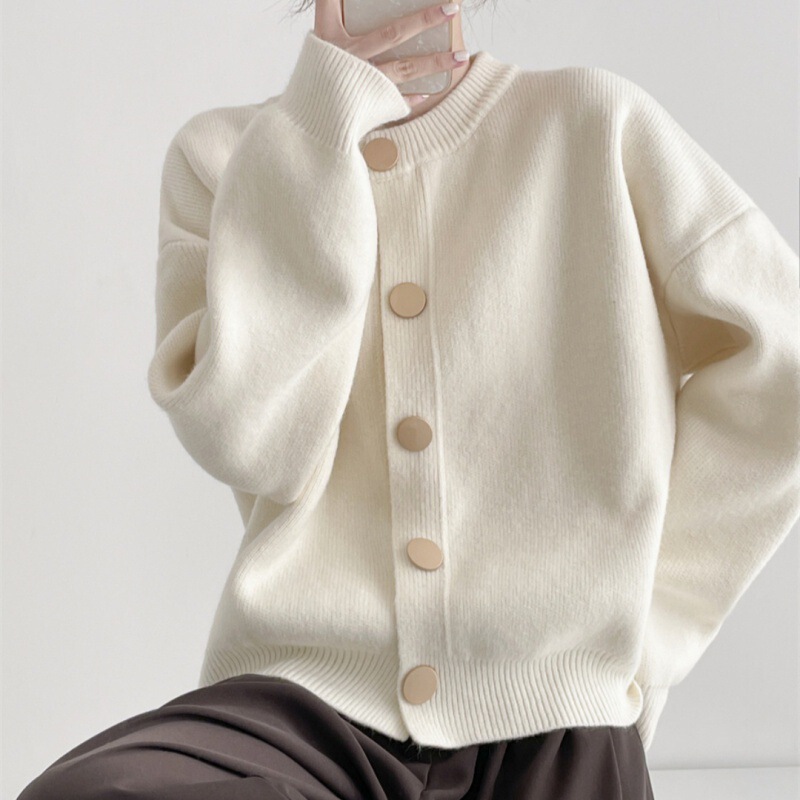 Autumn and Winter Design Single-Breasted Pure Color Knitted Sweater Women's Outwear Cardigan Lazy Style Loose Round Neck Versatile Top Autumn and Winter Design Single-Breasted Pure Color Knitted Sweater Women's Outwear Cardigan Lazy Style Loose Round Neck Versatile Top