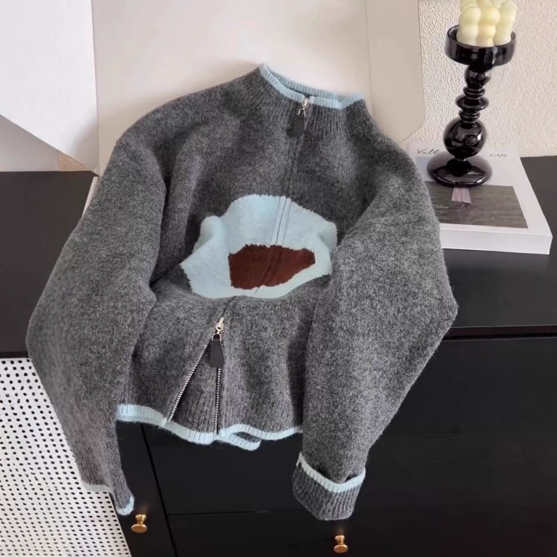 韩系撞色高级感拉链针织开衫秋冬慵懒休闲百搭学院风软糯毛衣外套