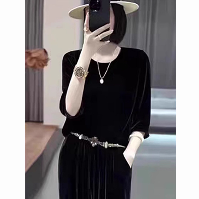 ヨーロッパ駅の黒い金のベルベットの7分袖のtシャツの女性の早春の新型の独特な小さいシャツの復古の皿は中国式の上着を掛けます。|undefined