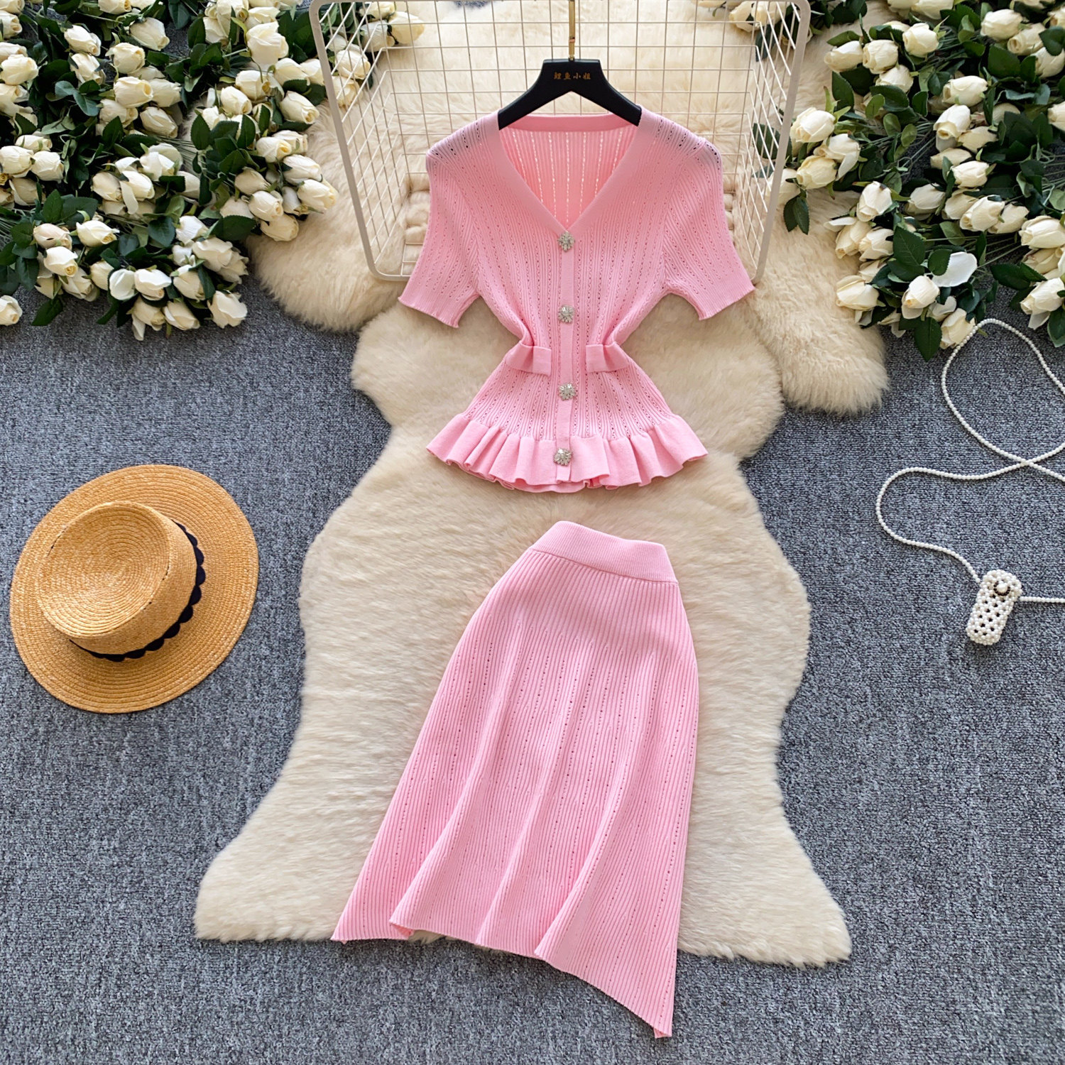 Women's French Style Pink Knit Two Piece Set V Neck Fitted Waist Ruffled Hem Summer Fashionable Elegant Suit_ecoleips.com