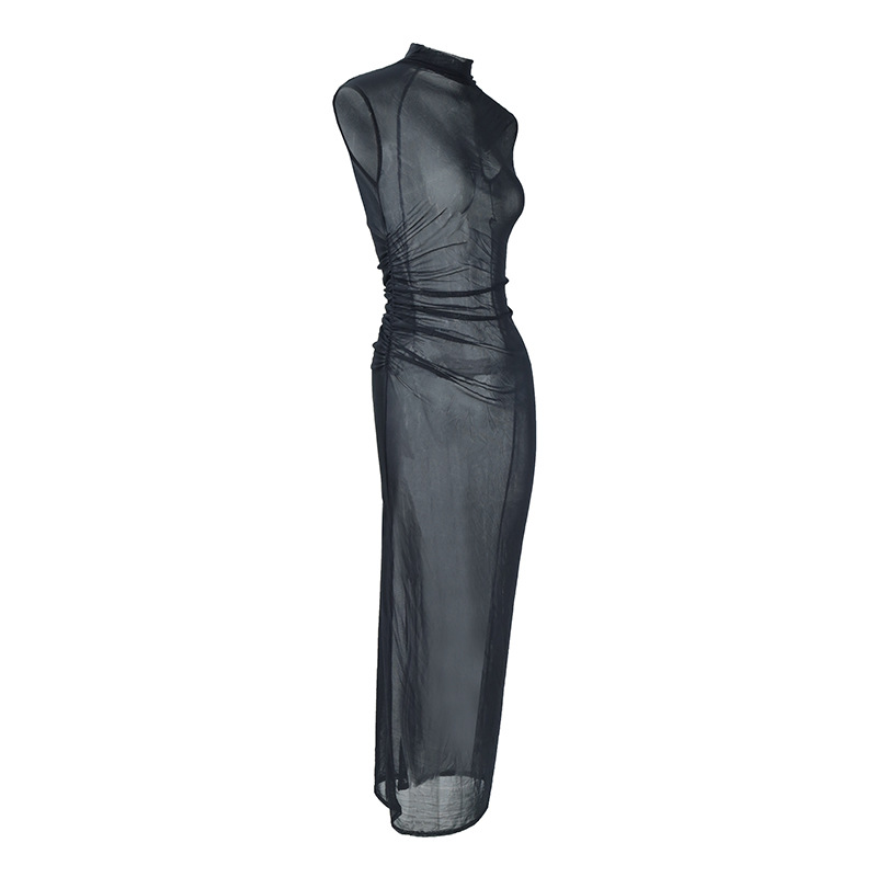2025 European And American Style Summer New Sexy Women's, Slim-fit Sheer Stand-up Collar Sleeveless Back-slit Mesh_ecoleips.com