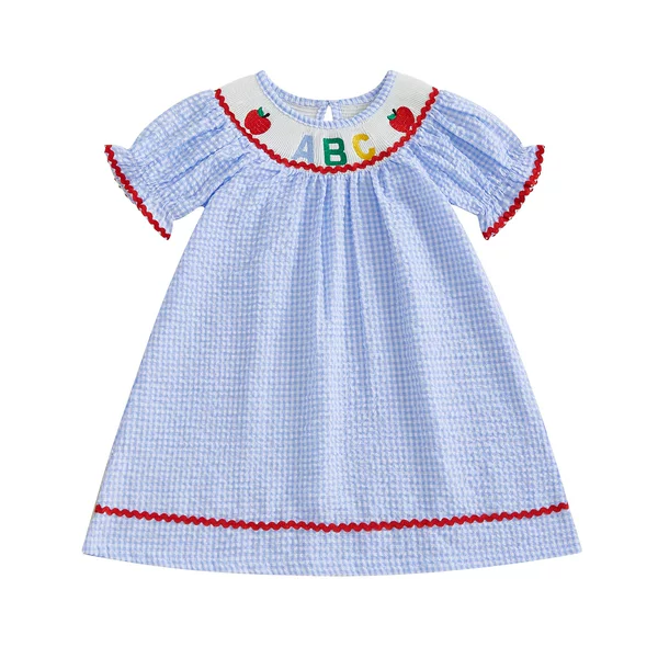 Blue Plaid Ruched Dress with Abc Letter and Apple Embroidery, Puff Short Sleeves, A-Line Hem, Back-To-School Outfit