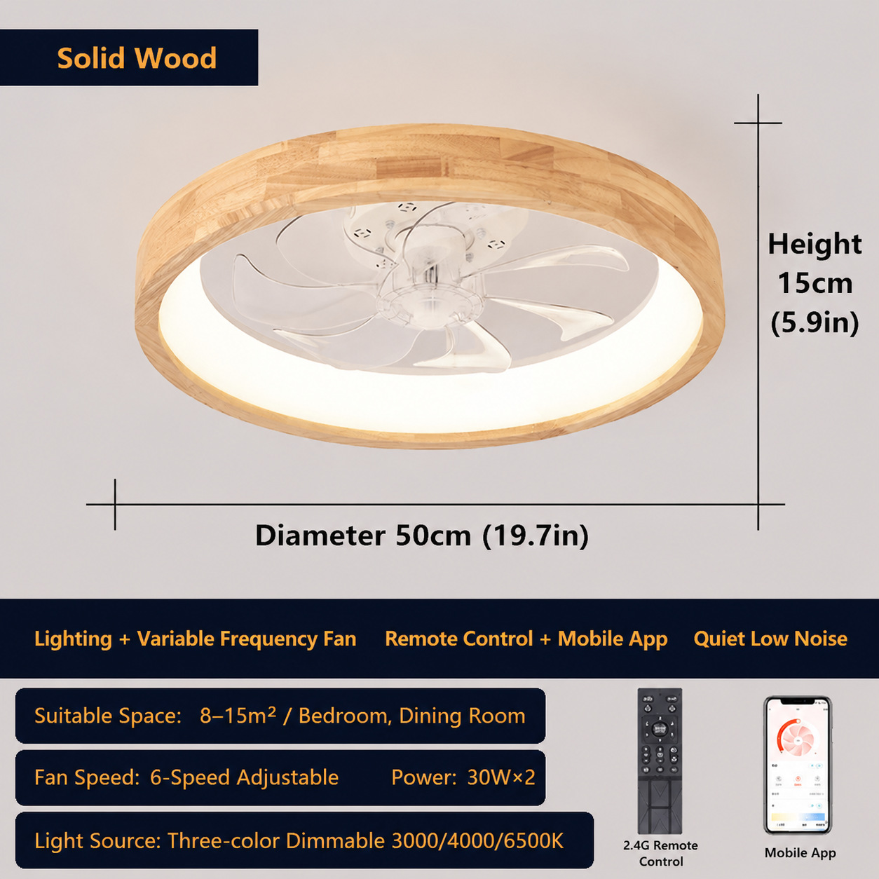 Lámpara Ventilador de Techo de Madera con Control Remoto para Dormitorio y Estudio