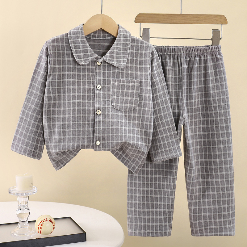 新款童装家居服套装儿童方格子暖绒翻领家居服男童睡衣宝宝居家服|undefined