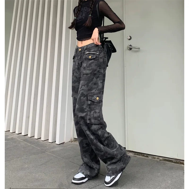 Американская уличная рабочая одежда, джинсы для женщин, весенне-летние новые тонкие камуфляжные свободные широкие прямые брюки длиной до пола с высокой талией