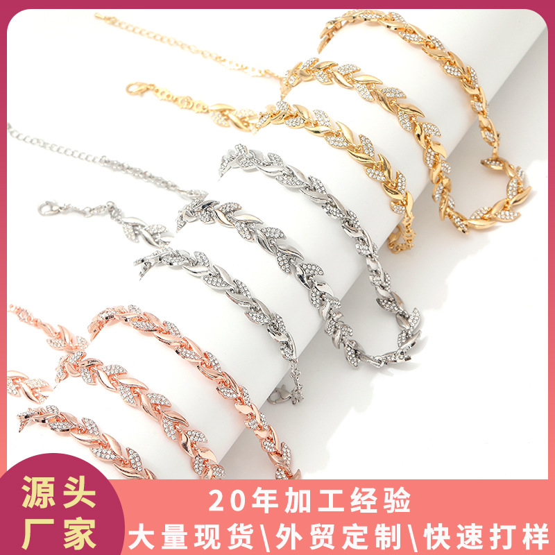 High-End Light Luxury Style Creative Willow Leaf Diamond-Encrusted Fishtail Bracelet Banquet Wedding Noble Jewelry Wholesale Wedding Set