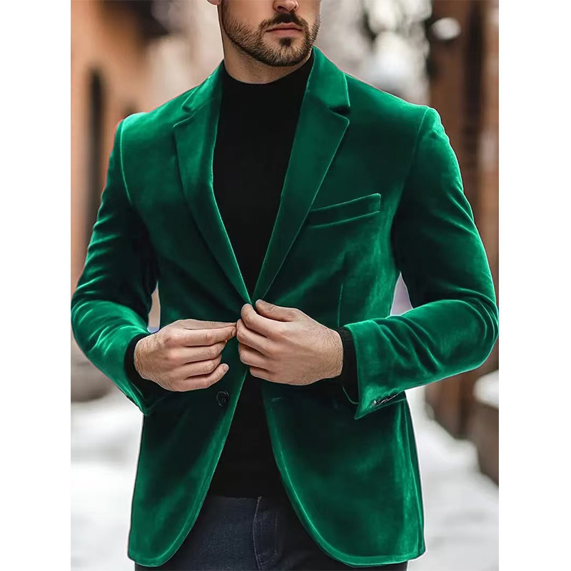 Cross-Border European and American Fashion Men's Velvet Blazer, Korean Style Slim Fit Solid Color Two-Button Casual Suit Jacket for Men