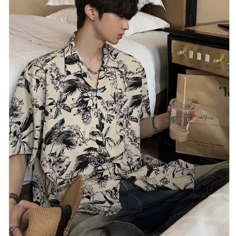 Hong Kong Style National Trend Ink Smudged Shirt Men's Short-Sleeved Summer Beach Vacation Floral Shirt Jacket Handsome Teenager