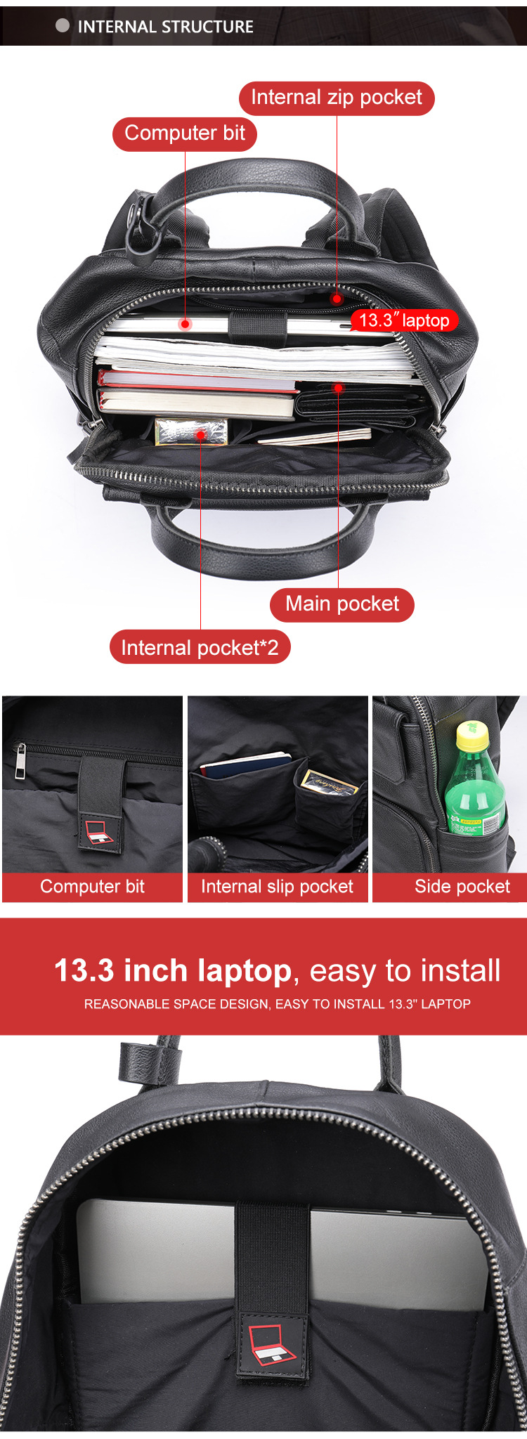 Ba lô da nam cao cấp phong cách đơn giản, chứa laptop 15 inch, dây đeo chắc chắn — 816-đen, 816-nâu, 816-đen-plus, 816-cà phê-plus chi tiết 13