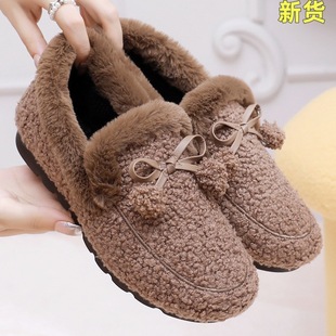 Winter Slippers Cotton Shoes New Women's fleece-lined Thickened Indoor Bean Shoes Flat Soft Sole Slip-on Mao Mao Warm Shoes