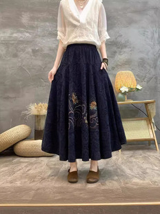 Модная осенняя юбка, ретро длинная летняя одежда, из хлопка и льна, высокая талия, длина макси