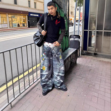 欧美复古街头涂鸦印花破洞乞丐牛仔裤男潮牌宽松嘻哈炸街阔腿长裤