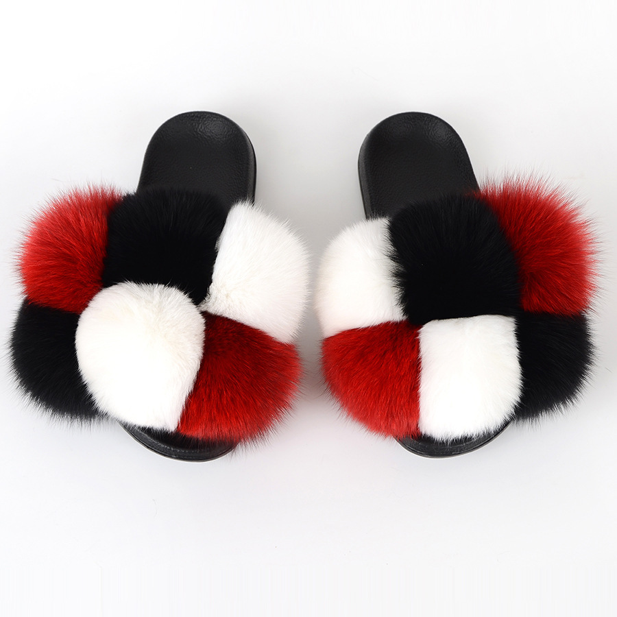 Zapatillas de bola de piel Zapatillas de bola de piel de ratón de zorro real Zapatillas de piel Zapatillas de piel Zapatillas de una palabra Sandalias y zapatillas