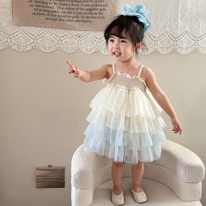 Cane Pear Children's Wear Girls' Sling dress Summer 2025 New Children's Mesh Puffy Princess Skirt Baby Skirt