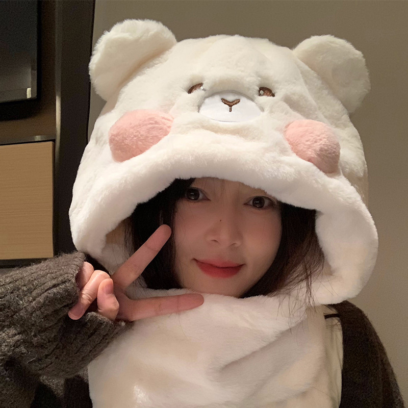 可爱小熊帽子围巾手套一体三件套女冬季保暖加绒加厚骑车防寒围脖