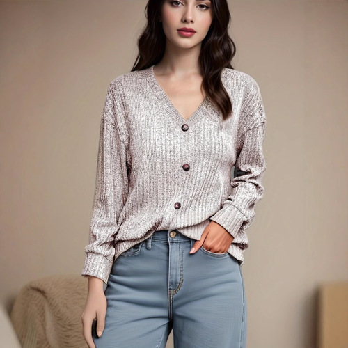 European and American Women's Autumn/Winter Knitted Button Sweater, Casual Long-Sleeve Loose T-Shirt Top for Women