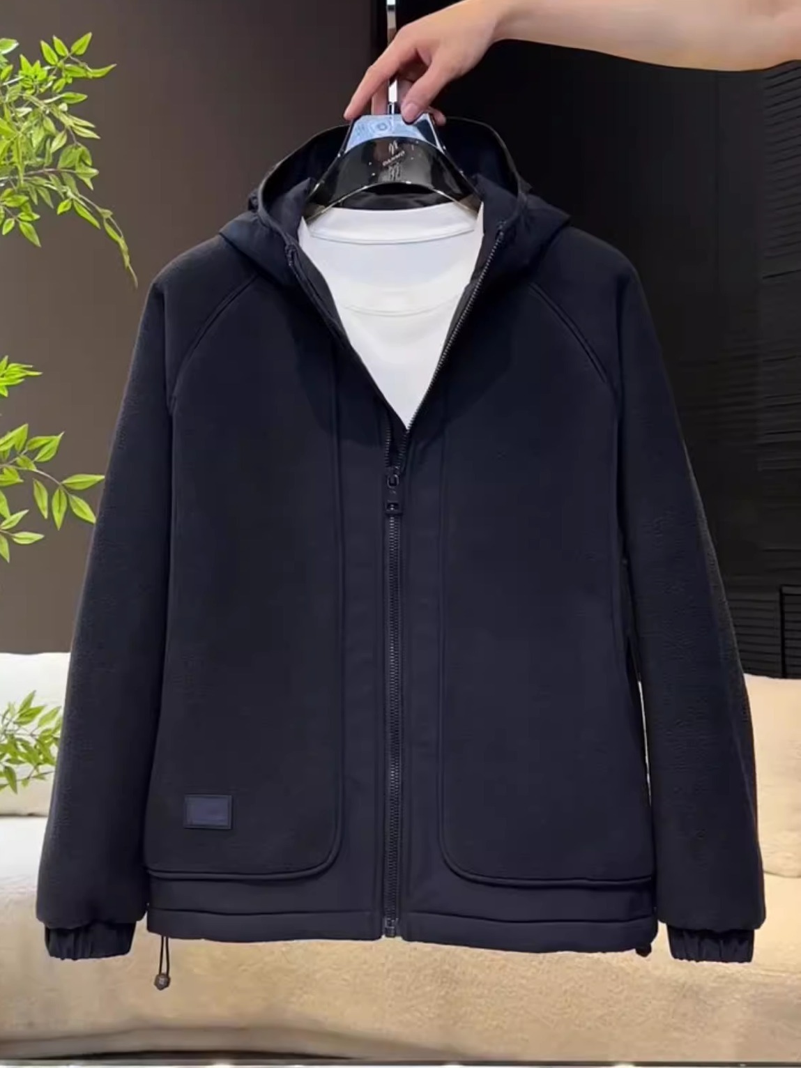 冬季双面加厚摇粒绒连帽夹克男潮流拼接保暖休闲开衫卫衣外套现货