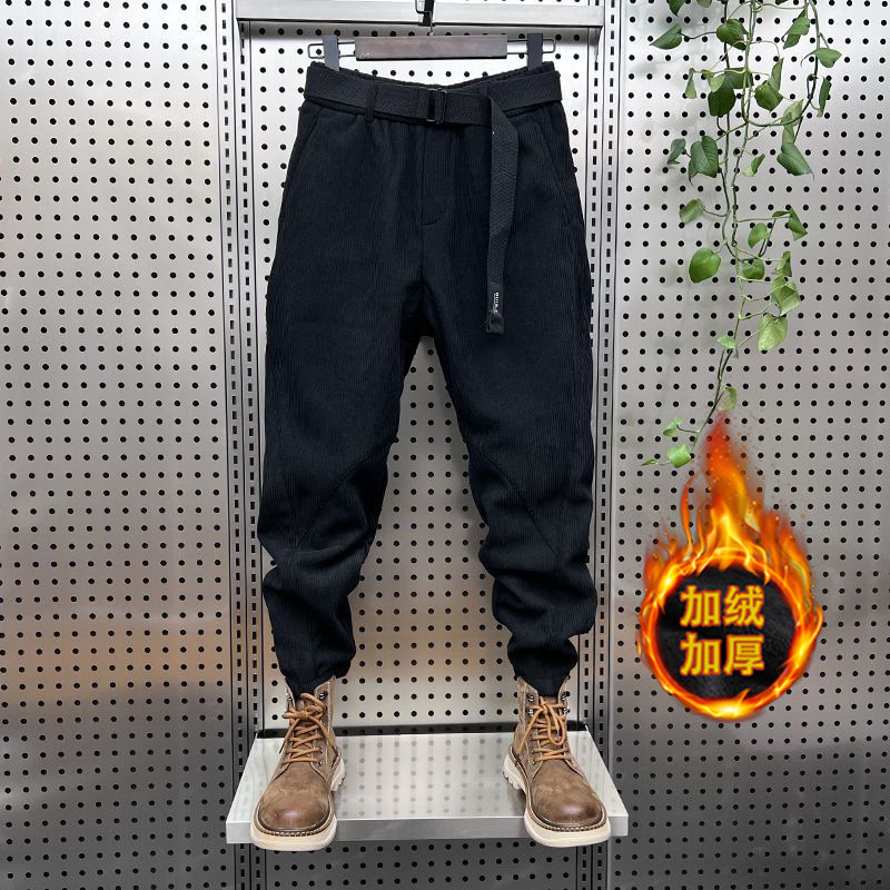 Cross-Border Autumn Fleece-Lined Warm Simple Cuffed Harem Pants Men's Outdoor Sports Pocket Stain-Resistant Comfortable Casual Pants