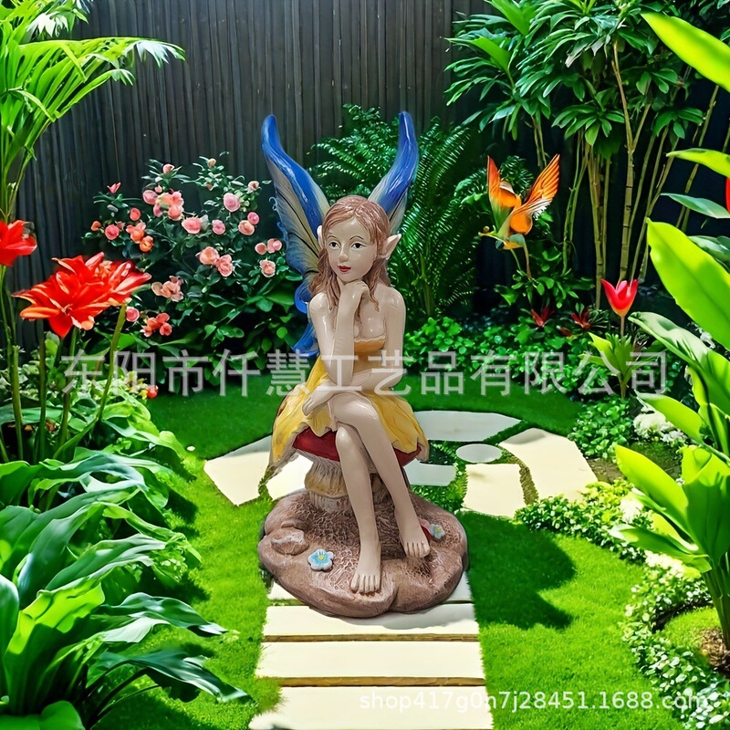 Cross-Border Flower Fairy Home Garden Decoration Ornaments Sitting Mushroom Elf Wings Angel Flower Fairy Courtyard Art