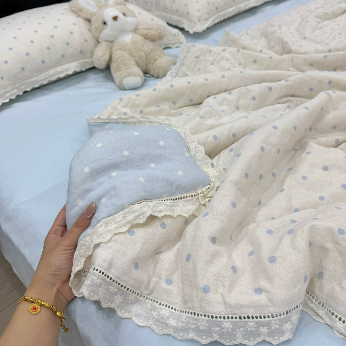 Комплект постельного белья из хлопковой марли, для мамы и малыша, 4‑предмета (150×200 см), ажур/двуслойное кружево