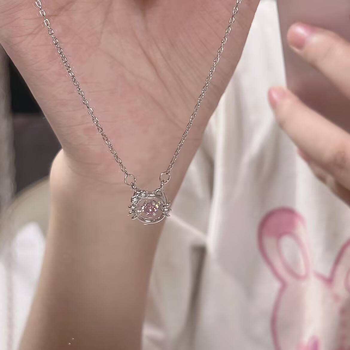 Diamante Rosa KT gato collar femenino lindo hecho a mano corazón latiendo chica dulce personalidad de la moda todo partido gato cabeza clavícula cadena
