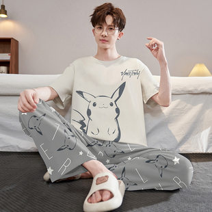 Summer cotton pijama, cartoon trousers, set, men's style, with short sleeve, plus size, for teenagers