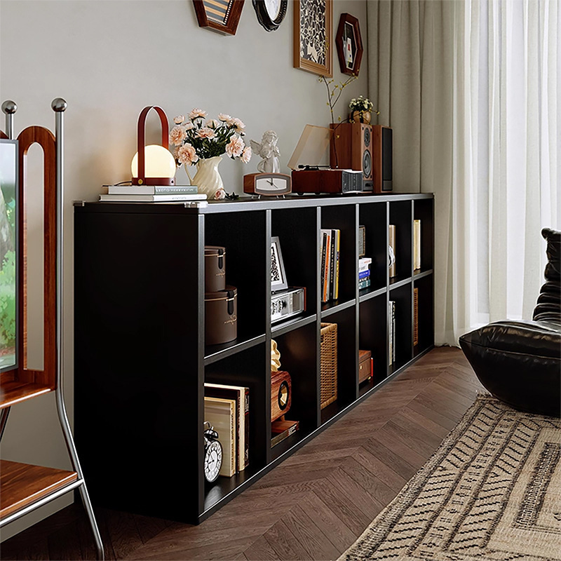 Gabinete de cuadrillas de madera sólida negra, estante de libros Carlake, estante de almacenamiento, armario de almacenamiento bajo, piso de ocho cuadrillas