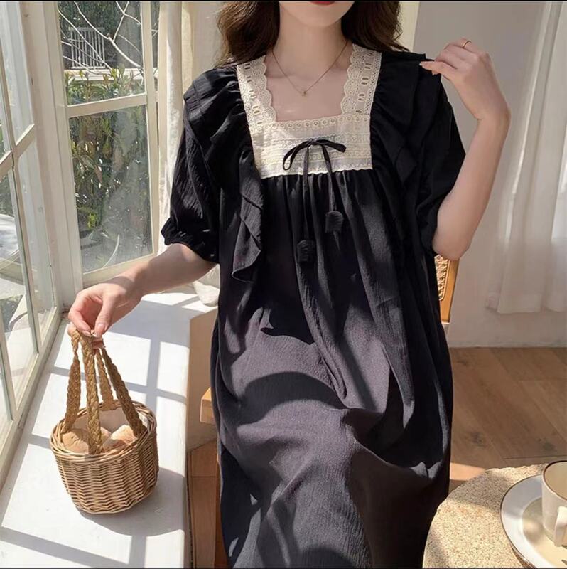 Wholesale Foreign Trade Plus-Size Black Short-Sleeve Nightgown for Women, Summer Thin Style for Plus-Size Women, 100kg Loose-Fitting Loungewear for Home Wear