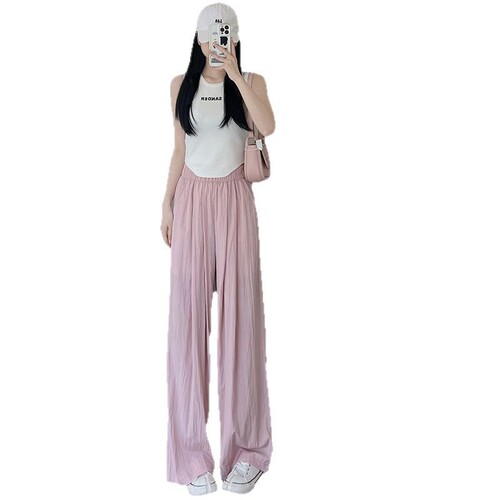 Wide-leg straight-leg casual mountain-style thin pleated skinny pants for plus-size women, loose-leg pants with a laid-back, slimming effect for strolling