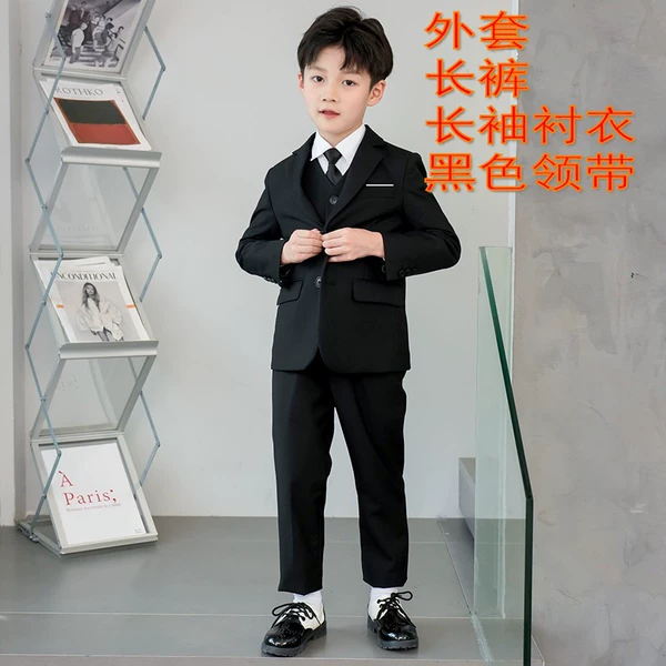 Black jacket, trousers, shirt, tie
