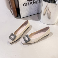 Single Shoe Women's 2024 New Square Button Water Diamond Soft Sole Flat Heel Ladle Shoes