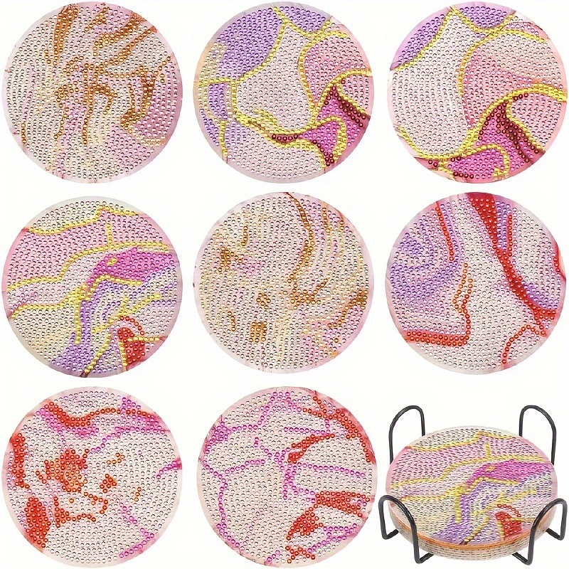 Ventas transfronterizas calientes de 8 piezas de conjunto de cojín de taza de arte de diamante, con soporte, pequeño conjunto de pintura de diamante, adecuado para adultos