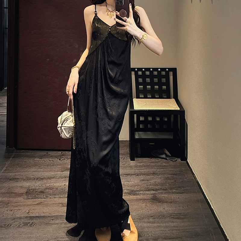 【Pin Yue】New Chinese-Style Silk Dress with Gold Thread for Women, Summer, Beautiful and Stunning, Strapless Dress, Elegant and Sleeveless