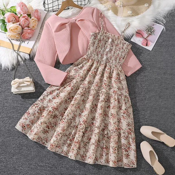 Girls' Outfit Set for Older Children, New Spring Fashion, Cross-Border Ins Sweet Floral Strap Dress with Long-Sleeve Jacket