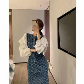 小香风套装女时尚名媛气牛仔连衣裙女春秋两件套收腰显瘦中长款裙