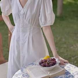 H23747夏季森系高腰长裙法式初恋甜美泡泡袖白色衬衫连衣裙子女
