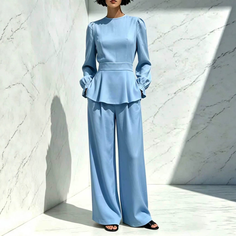 European and American Cross-Border New Women's Fashion: Stylish Ol Commuter Puff Sleeve Waist-Cinching Slimming Top and Drapey Wide-Leg Pants Set European and American Cross-Border New Women's Fashion: Stylish Ol Commuter Puff Sleeve Waist-Cinching Slimming Top and Drapey Wide-Leg Pants Set